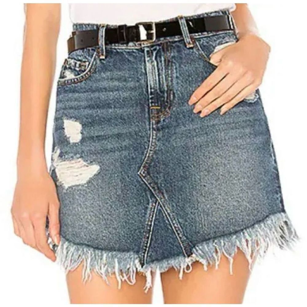 7 For All Mankind Denim Mini Skirt Jean Skirt Medium Wash Distressed Size 24